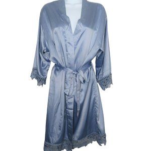 Vintage Blue Satin Dressing Bath Robe One Size Wide Lace Trim Knee Length Belted